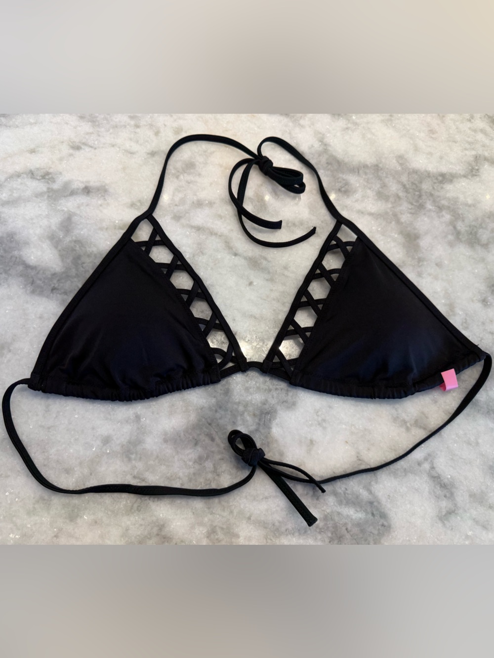 Victoria’s Secret Black Triangle Bikini Top Strappy Lattice Halter Tie Back L